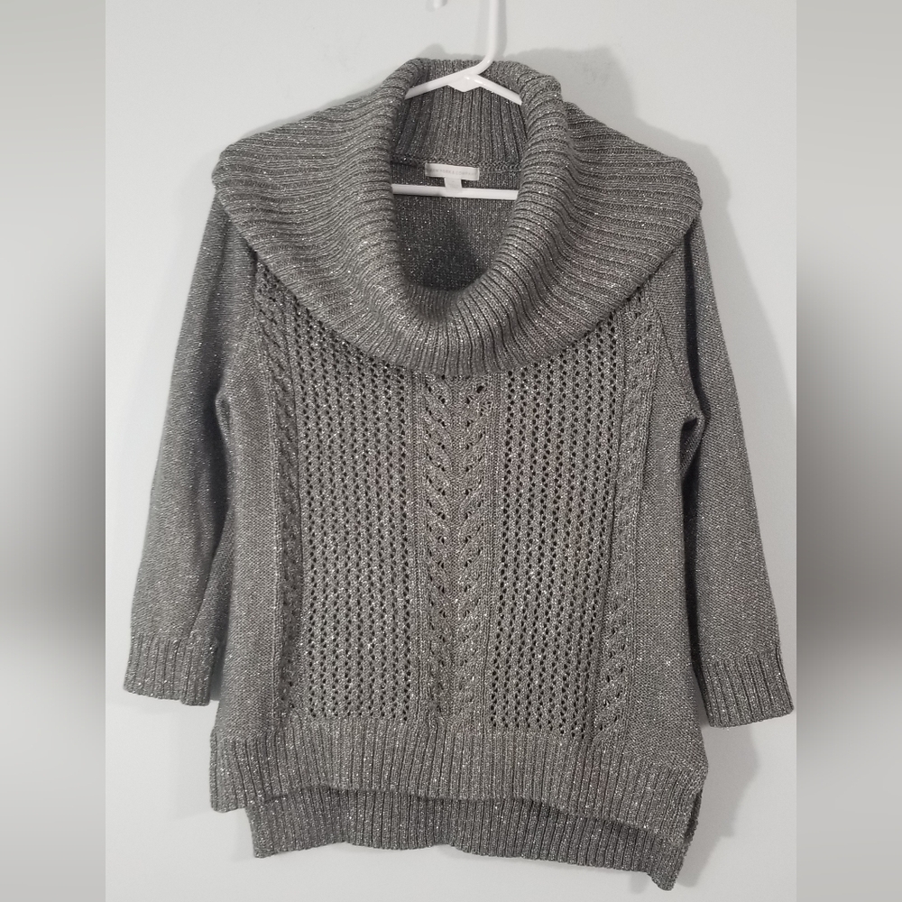 New York & Company Cowl Neck Knot Sweater. Sparkly Gray. Side Slits. Size M.